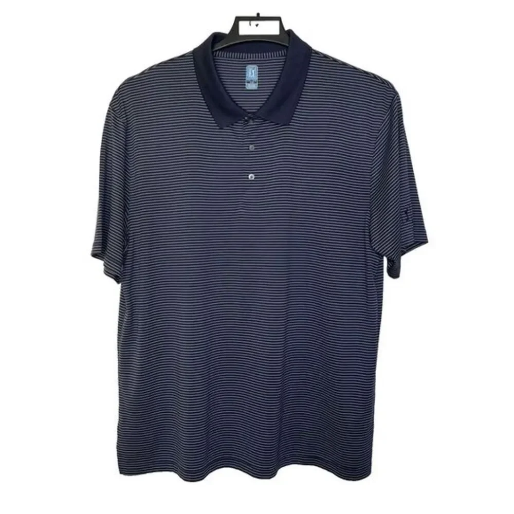 Mens PGA Tour Men's Size XXL Polo Blue/White Striped Short Sleeve Logo Polyester